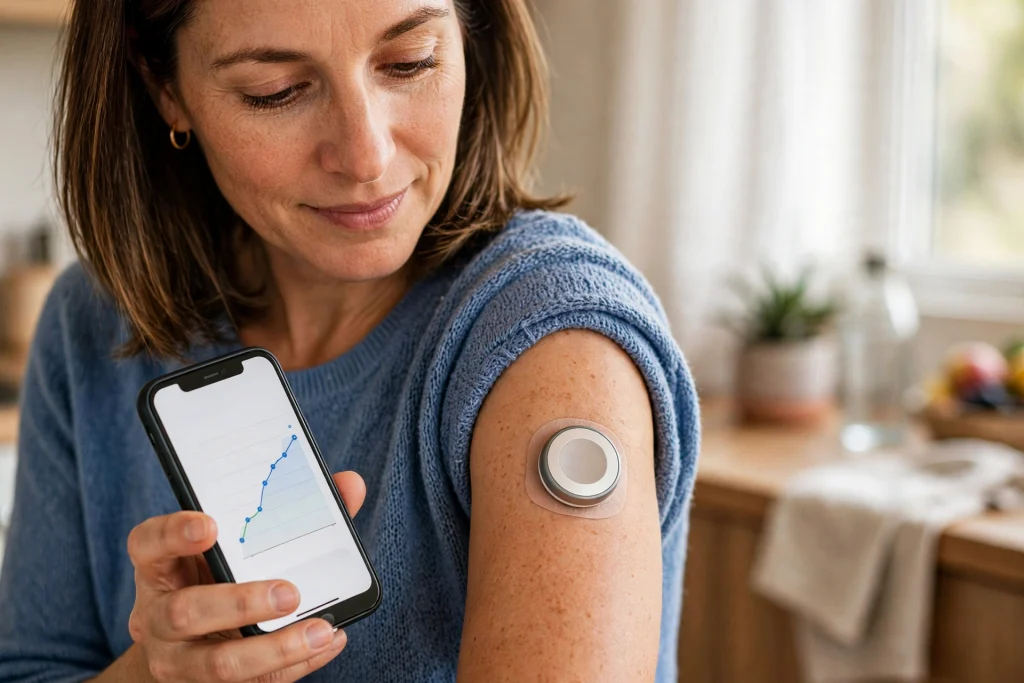 Continuous Glucose Monitors Help Type 2 Diabetes Patients in Major Trial Adult with type 2 diabetes wearing a continuous glucose monitor and checking readings on a smartphone