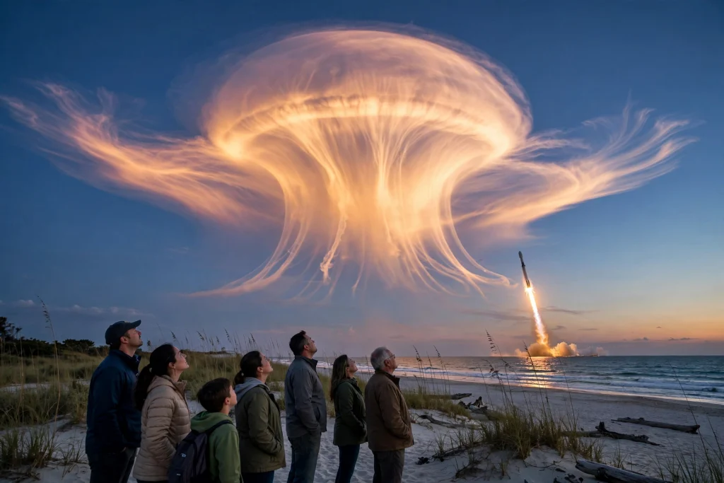 SpaceX Launch Creates Stunning Jellyfish Cloud Over US East Coast SpaceX rocket launch creating a glowing jellyfish cloud at twilight over the US east coast